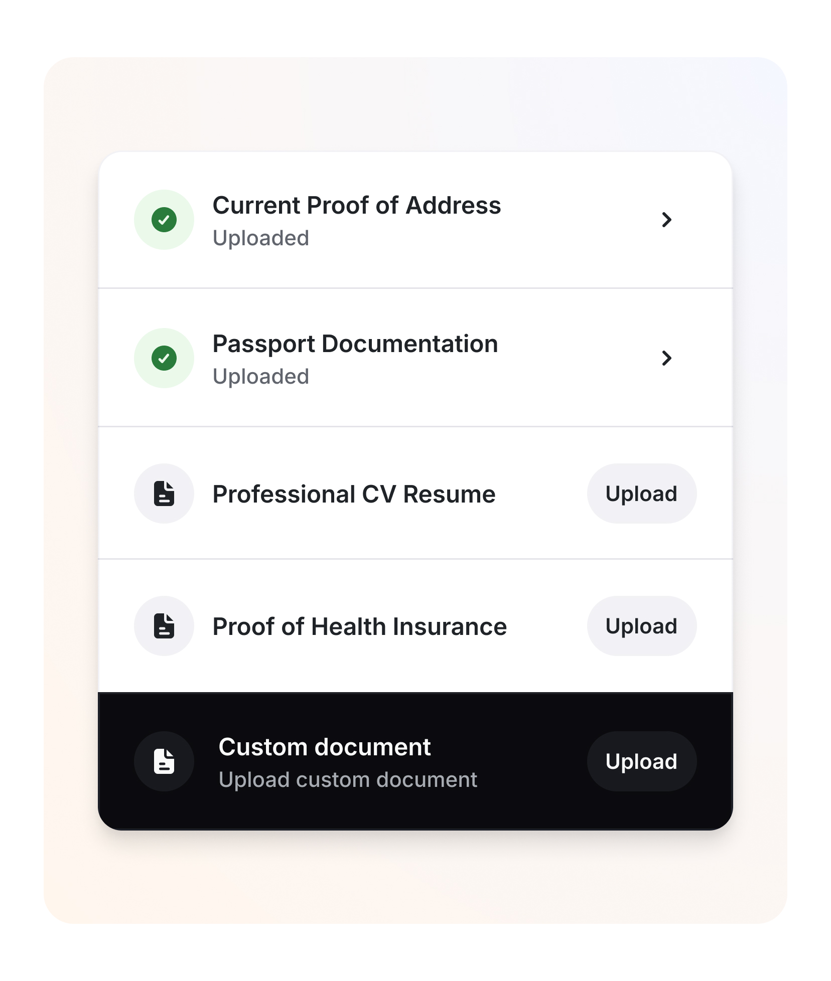 List of documents to be uploaded