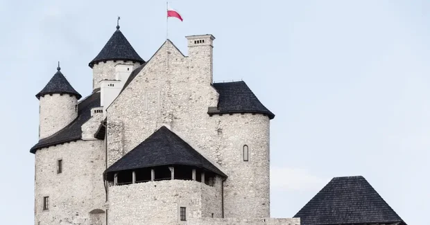 Old castle with white bricks and black roofs