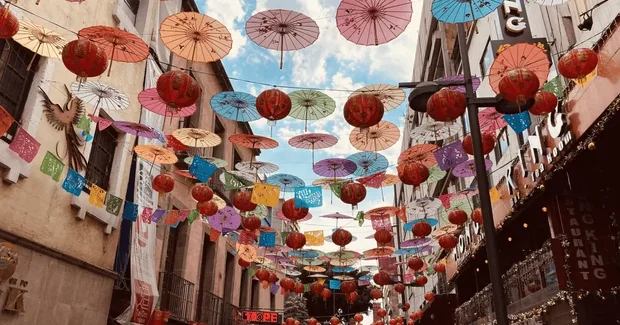 umbrellas above a street