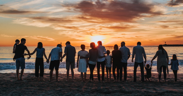 people looking at sunset on beach