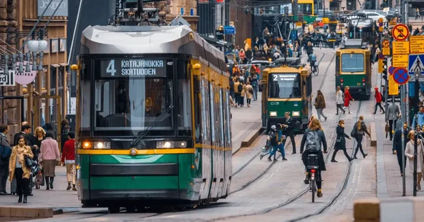 Finland City street with trams and people
