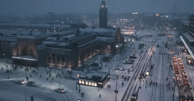 Finland Helsinki overhead city view with snow